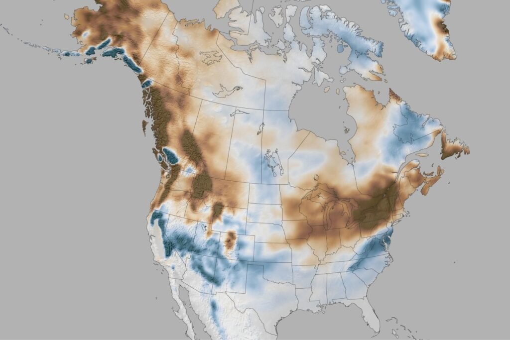 Map of North America showing snowfall above and below average during moderate-to-strong El Niño winters